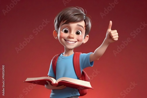 Happy student with a backpack and a book giving a thumbs up.