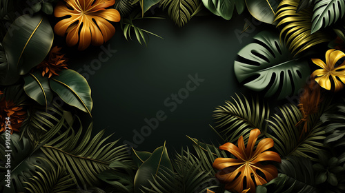 A frame with golden tropical leaves and vibrant flowers on a dark background AI Generated