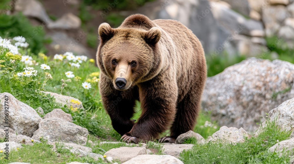 Fototapeta premium A brown bear strolls through rocky ground, surrounded by mossy stones and dense forest under a soft mist