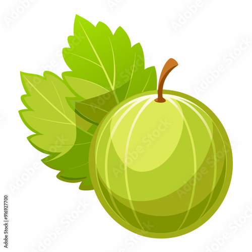 A Single Green Gooseberry with Two Leaves