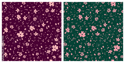 Set of cute little flowers with dots all over surface print. Bundle of random placed, vector botanical elements aop, seamless repeat pattern on red and green background.
