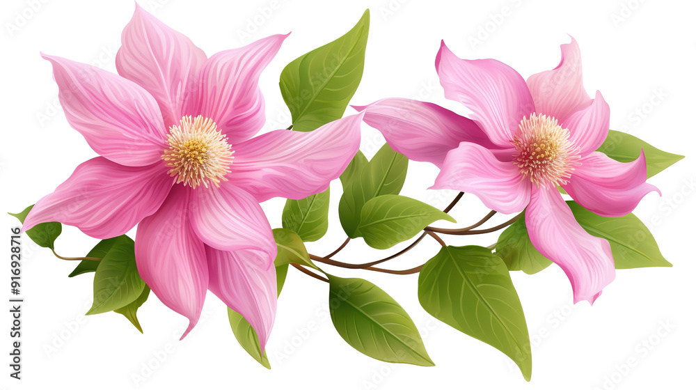 Obraz premium Fresh Pink Clematis Flowers Bud and Leaf Isolated Over a PNG Transparent and White Background