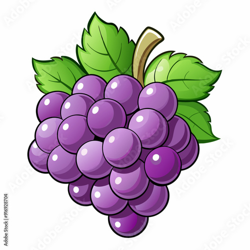 A cluster of purple grapes with green leaves and a brown vine