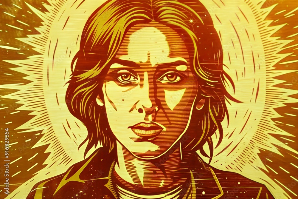 hand-drawn portrait of a girl, a woman on a yellow background, against the background of the sun hand-drawn portrait of a girl, a woman on a yellow background, against the background of the sun