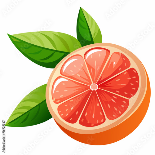 A Half-Sliced Grapefruit with Green Leaves