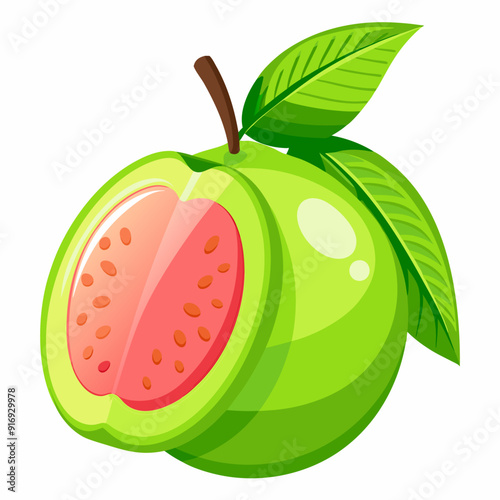 Green Guava with Leaf and Sliced Half Showing Pink Flesh and Seeds