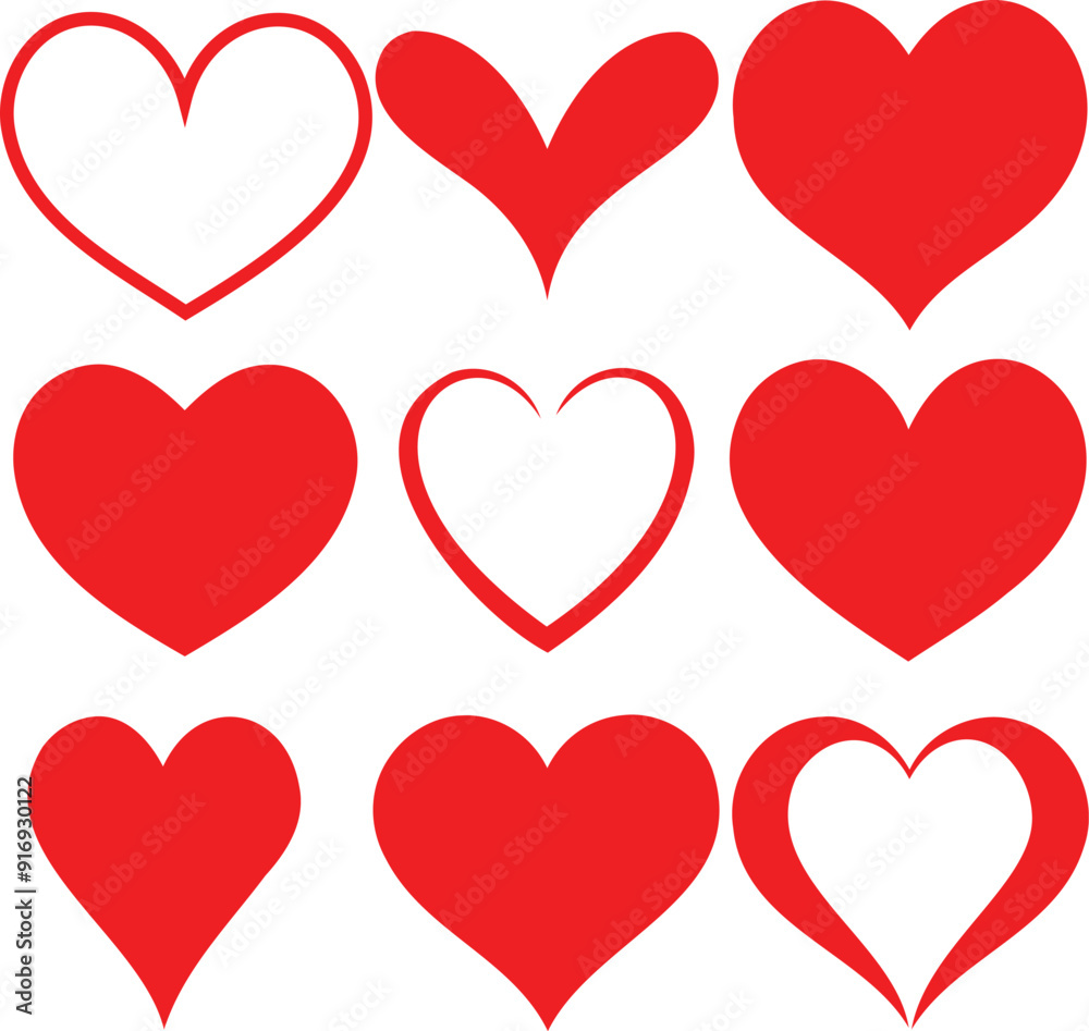 Set of Red Hearts, love, romance or valentine's day red heart. Heart vector icons. Artistic red heart love symbols isolated editable vector. Set of Red Hearts, love, romance or valentine's day red heart. Heart vector icons. Artistic red heart love symbols isolated editable vector.