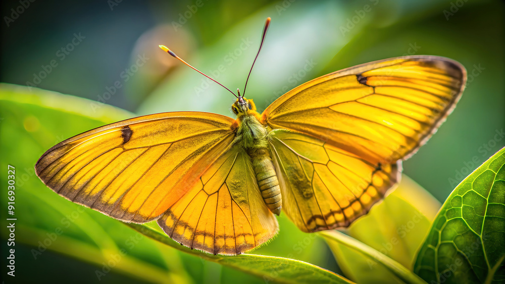 Close-up of a vibrant yellow butterfly perched on a lush green leaf, showcasing detailed wing patterns and natural beauty. Close-up of a vibrant yellow butterfly perched on a lush green leaf, showcasing detailed wing patterns and natural beauty.
