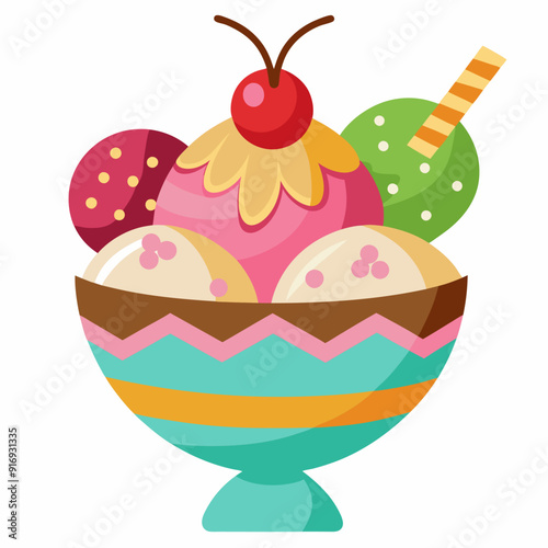 Colorful Ice Cream Sundae in a Striped Bowl