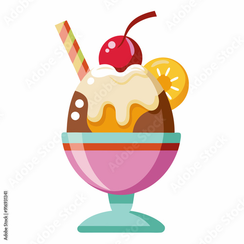 Ice Cream Sundae with Cherry, Whipped Cream, and a Straw
