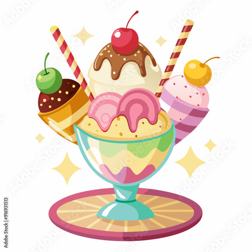 Colorful Ice Cream Sundae with Cherries and Straws