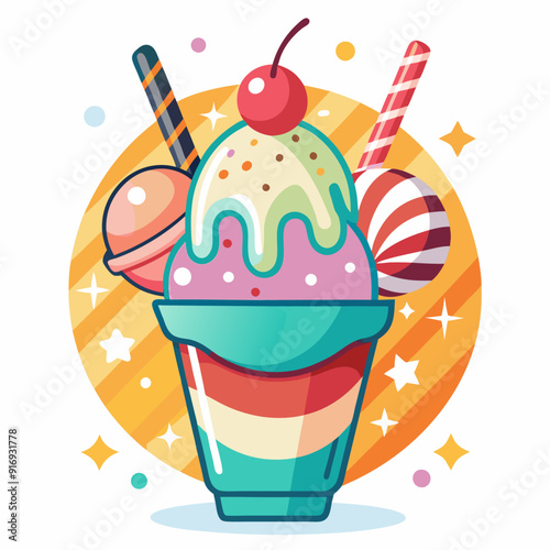 Colorful Ice Cream Sundae with Toppings and Stars