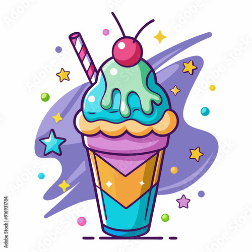Cartoon Illustration of a Colorful Ice Cream Sundae with a Straw