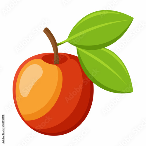 A single red apple with green leaves and a brown stem