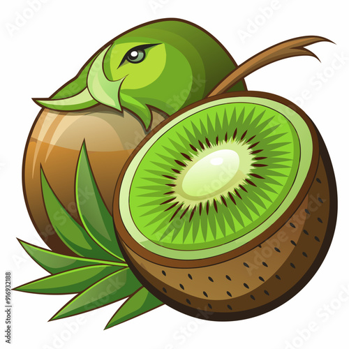 A Kiwi Fruit with Green Leaves and a Brown Stem