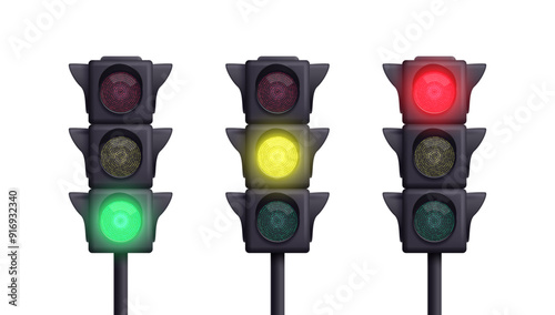 Collection of street realistic three-color traffic lights. Vector illustration.