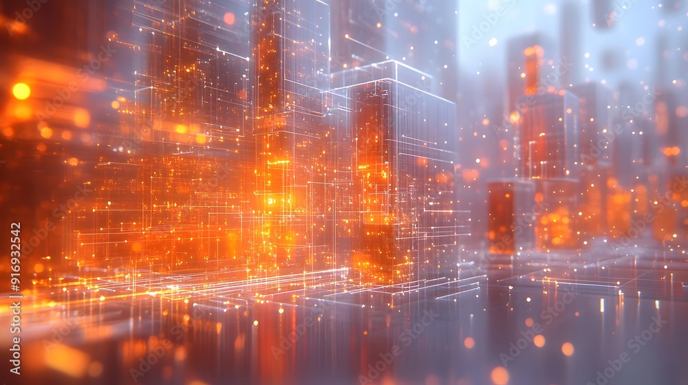 Fototapeta premium Futuristic Digital Cityscape with Orange Glow Lines and Cubes, 3D Rendered Concept for Technology, Data Science, AI