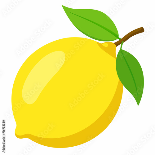 A Single Yellow Lemon with Green Leaves and a Brown Stem
