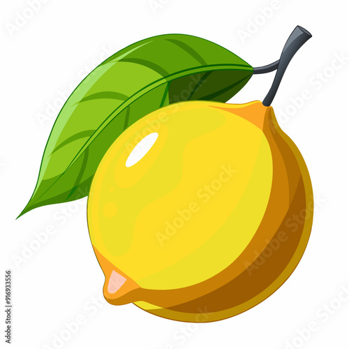 A Single Yellow Lemon with a Green Leaf