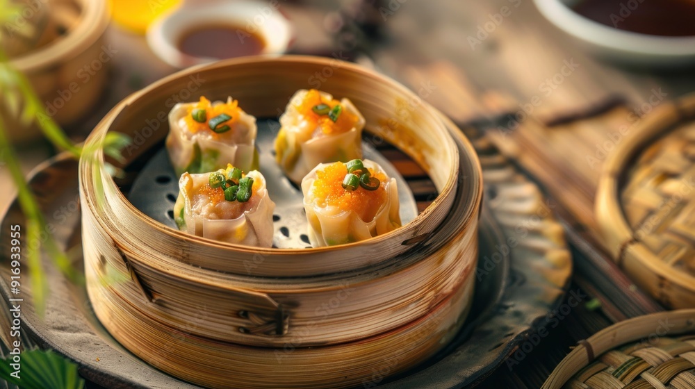 Dim Sum, dumpling in bamboo steamer Chinese cuisine. Closeup food photography Dim Sum, dumpling in bamboo steamer Chinese cuisine. Closeup food photography