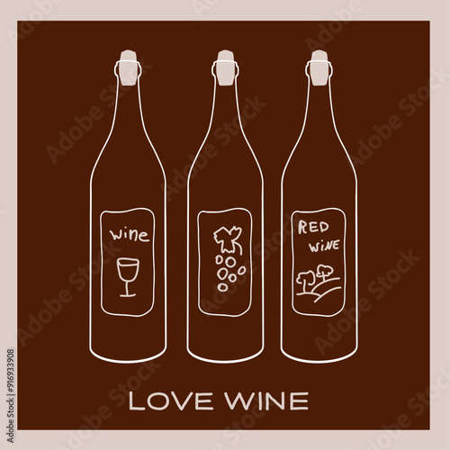 Artistic depiction of wine bottles featuring varied labels on a brown background