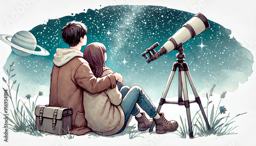 A couple stargazing together watercolor style with plain