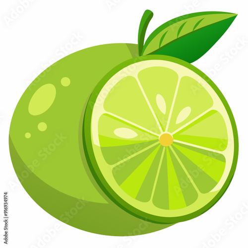 Whole Lime with Sliced Wedge and Leaf