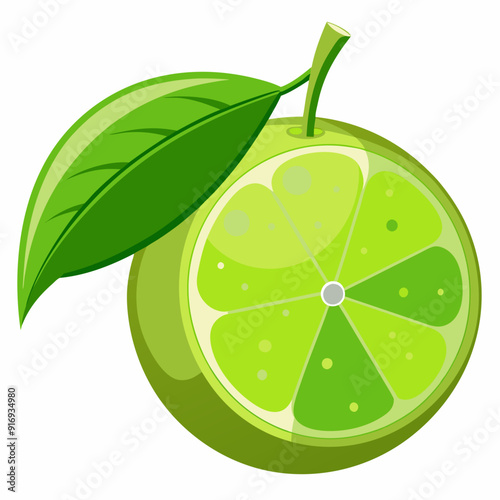 A Green Lime Cut in Half with a Leaf