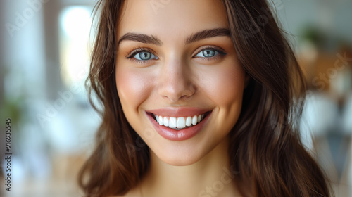 Smiling young woman with blue eyes and brown hair in a bright interior. Concept of happiness, beauty, and confidence.