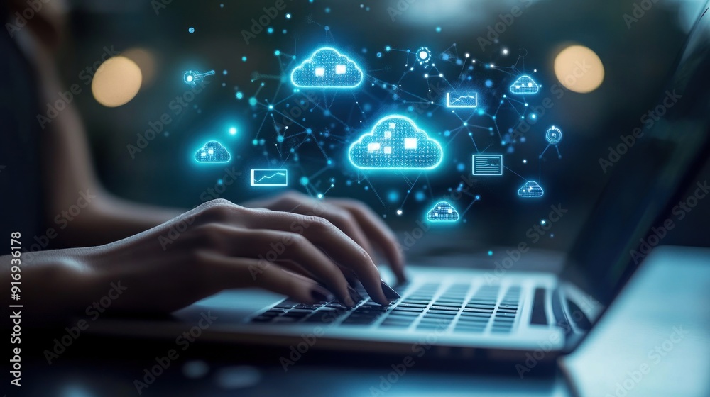 Hands Typing on Laptop with Cloud Computing Icons Hands Typing on Laptop with Cloud Computing Icons