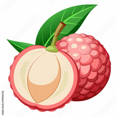 A Lychee Fruit Cut Open with Leaves