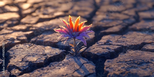 Indomitable Spirit: A Spectrum of Colorful Flowers Blooming from Cracked Soil, Embodiment of Resilient Will Concept Art. photo