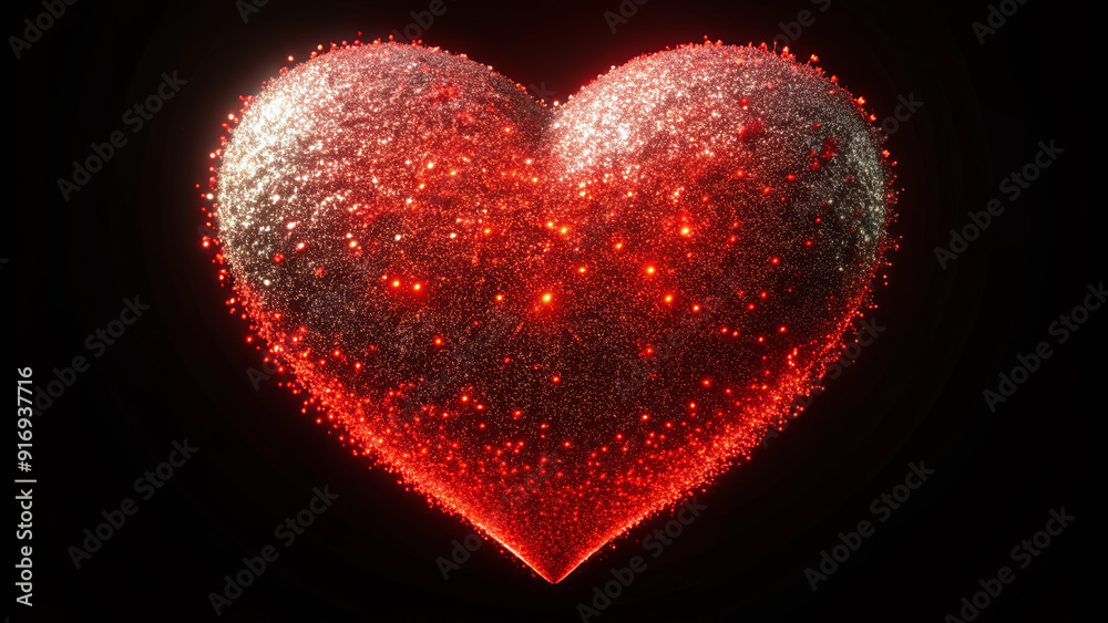 A shimmering heart shape composed of vibrant particles radiates warmth in a dark environment