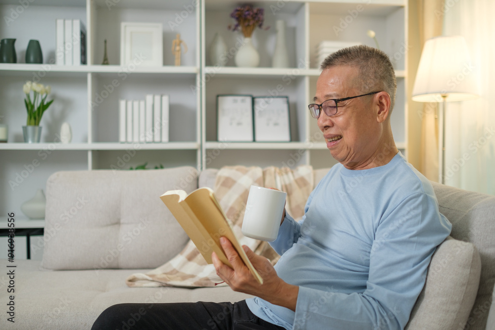 Happy elderly man reading book on comfortably on a sofa in living room enjoys peaceful and leisurely moment. Happy elderly man reading book on comfortably on a sofa in living room enjoys peaceful and leisurely moment.