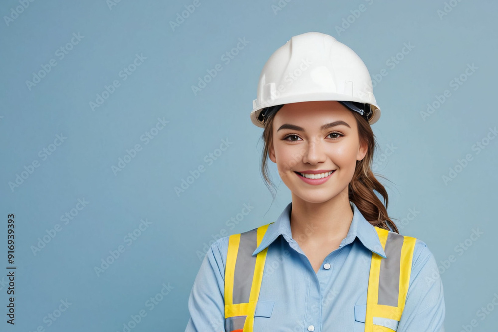 Young woman in construction helmet and uniform on blue background, with space for text, concept of woman working in male profession Young woman in construction helmet and uniform on blue background, with space for text, concept of woman working in male profession