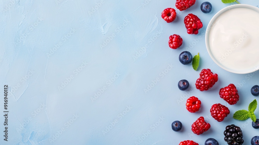 Healthy food organic fresh fruit with plain yogurt, blue background Healthy food organic fresh fruit with plain yogurt, blue background