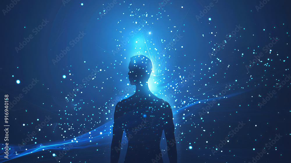Fototapeta premium Mystical Silhouette of a Human Figure Amidst a Cosmic Galaxy: Perfect for Concepts of Spirituality, Universe Exploration, and Futuristic Themes, Meditation and Relaxation