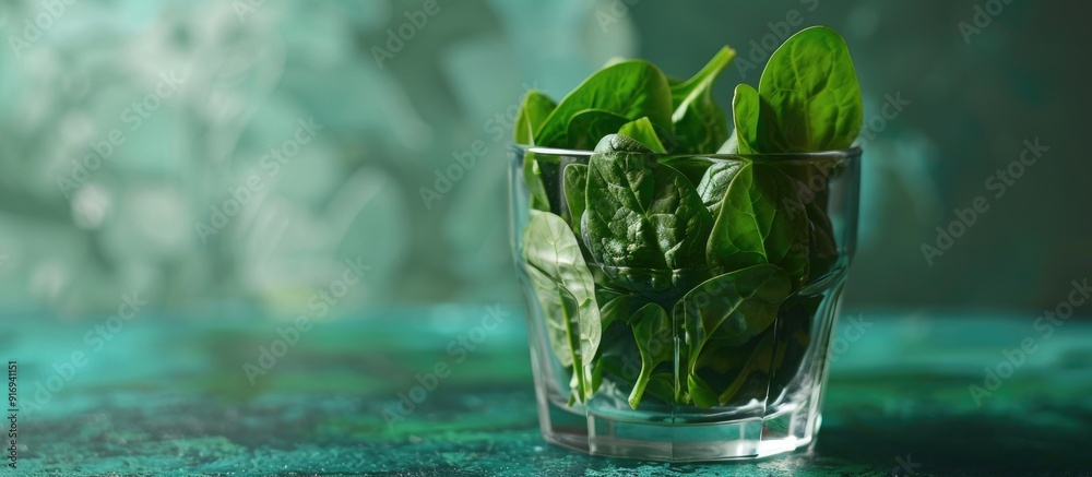 Fresh spinach displayed in a glass cup, reflecting an agricultural industry theme, against a backdrop ideal for healthy eating with copy space image. Fresh spinach displayed in a glass cup, reflecting an agricultural industry theme, against a backdrop ideal for healthy eating with copy space image.
