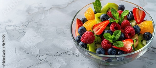 Glass bowl filled with a variety of fresh fruits and mint leaves, with copy space image.