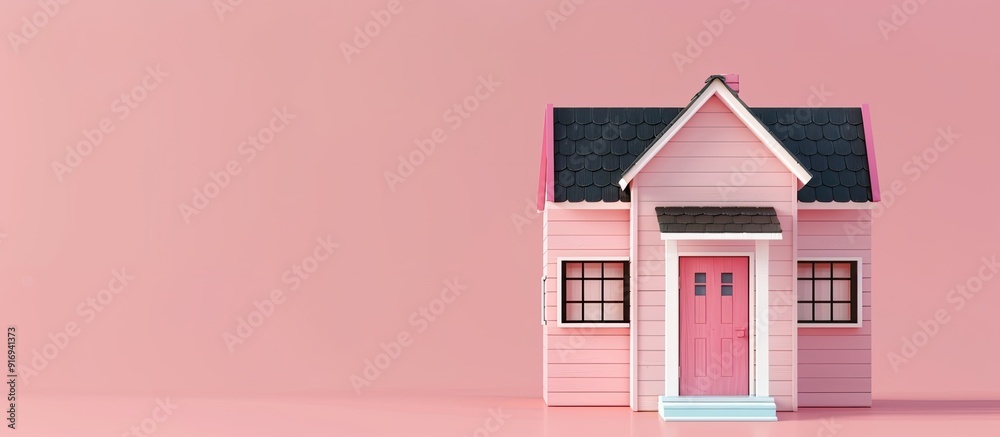 Minimalistic toy house on pink background symbolizes homeownership dreams with copy space image for mortgage insurance concept. Minimalistic toy house on pink background symbolizes homeownership dreams with copy space image for mortgage insurance concept.