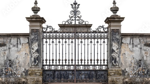 Castle's ancient iron gate on white backdrop