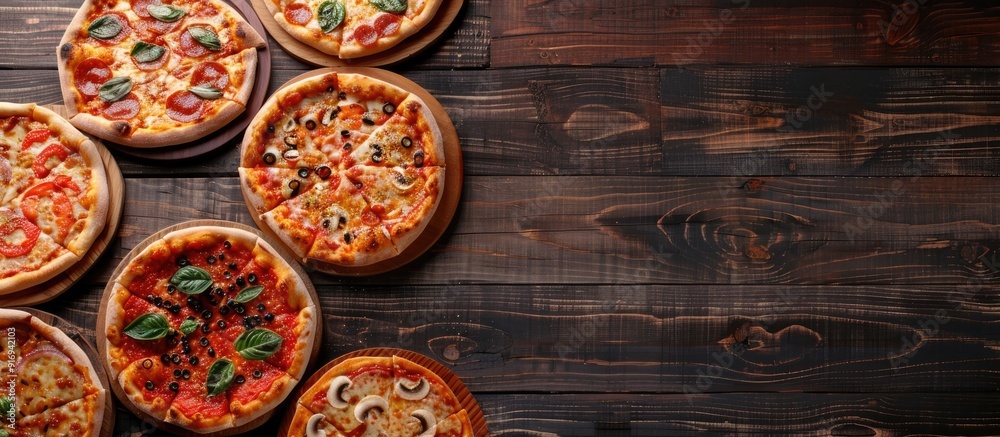 Italian food background featuring a variety of pizzas on a dark wooden backdrop, with empty space for text, seen from above in a top-view copy space image. Italian food background featuring a variety of pizzas on a dark wooden backdrop, with empty space for text, seen from above in a top-view copy space image.