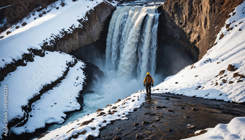 Obraz na płótnie Waterfall Wanders in Snowy Winter: The Voyager's Pilgrimage Engulfed in Landslide w salonie