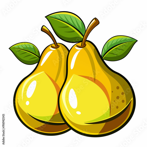 Two Ripe Yellow Pears with Green Leaves