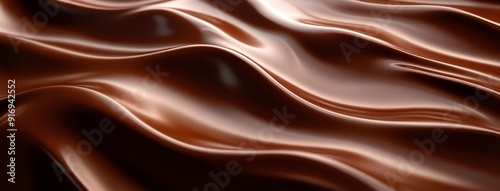 A close-up view of flowing chocolate, rendered in photorealistic detail, with a focus on its smooth, glossy texture..