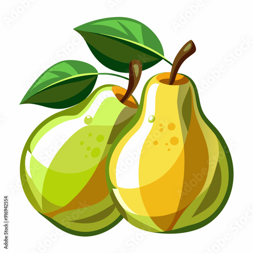 Two Ripe Pears with Green Leaves