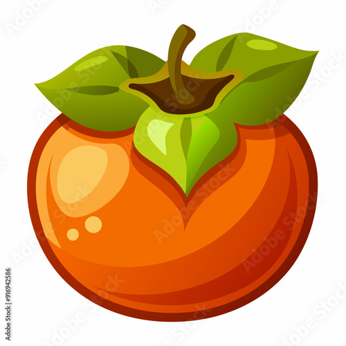 A Single Ripe Orange Persimmon with Green Leaves