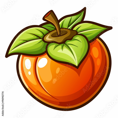A Cartoon Illustration of a Ripe Orange Persimmon with Green Leaves