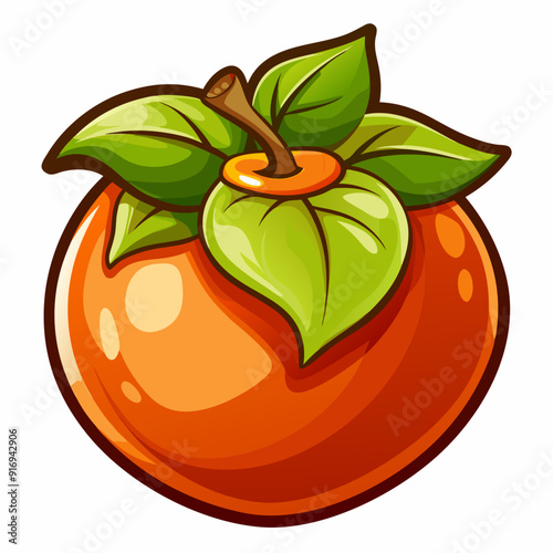 Cartoon Illustration of a Ripe Orange Persimmon with Green Leaves