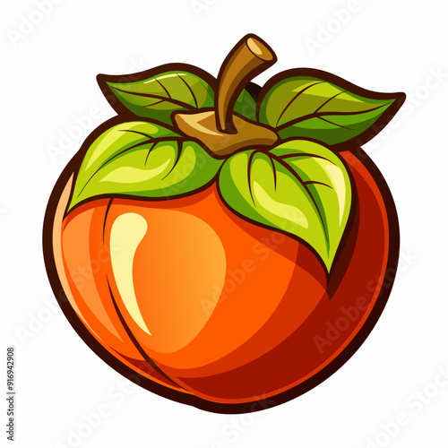 Cartoon Illustration of a Ripe Persimmon with Green Leaves